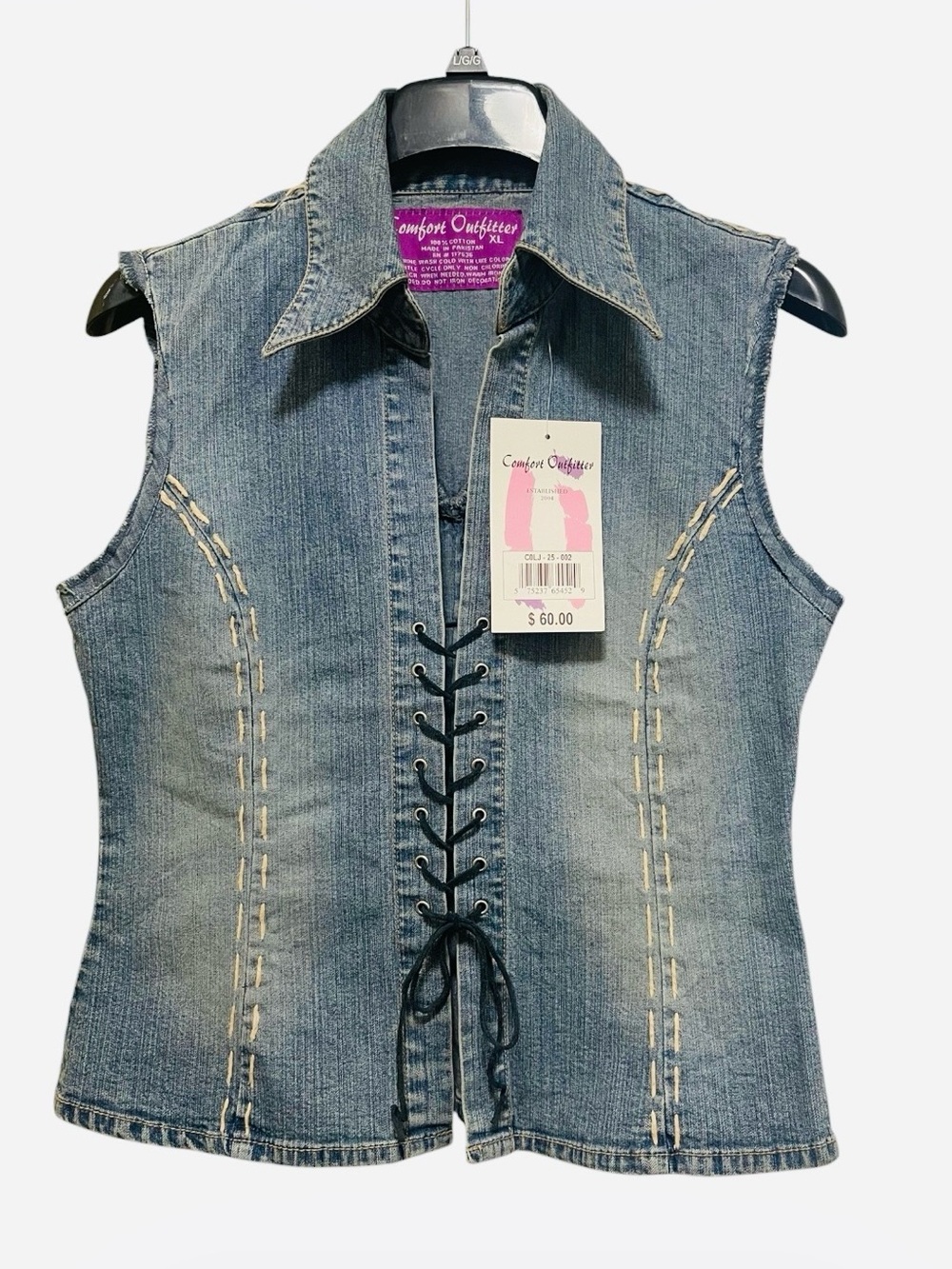 COMFORT OUTFITTER DENIM LACE-UP VEST OPEN FRONT WOMEN SLEEVELESS BLUE SIZE XL
